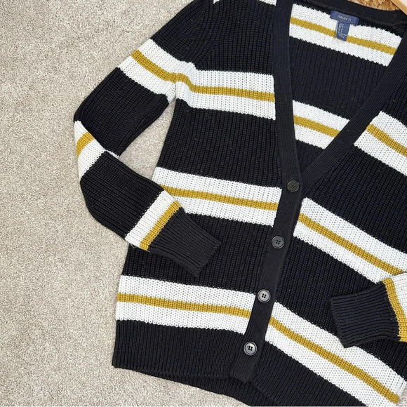 Forever21 Black & Off-White Yellow Striped Open Front Button Cardigan Sweater - Picture 5 of 13